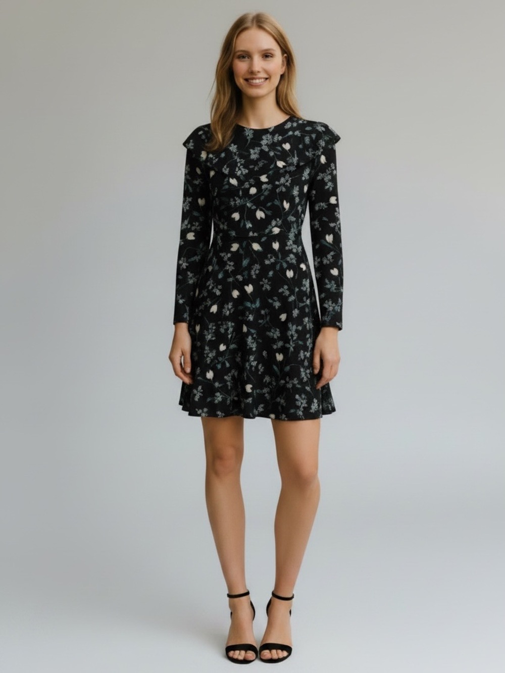 NWT Topshop Blossom Frill Black Floral Long Sleeve Mini Dress Size 4